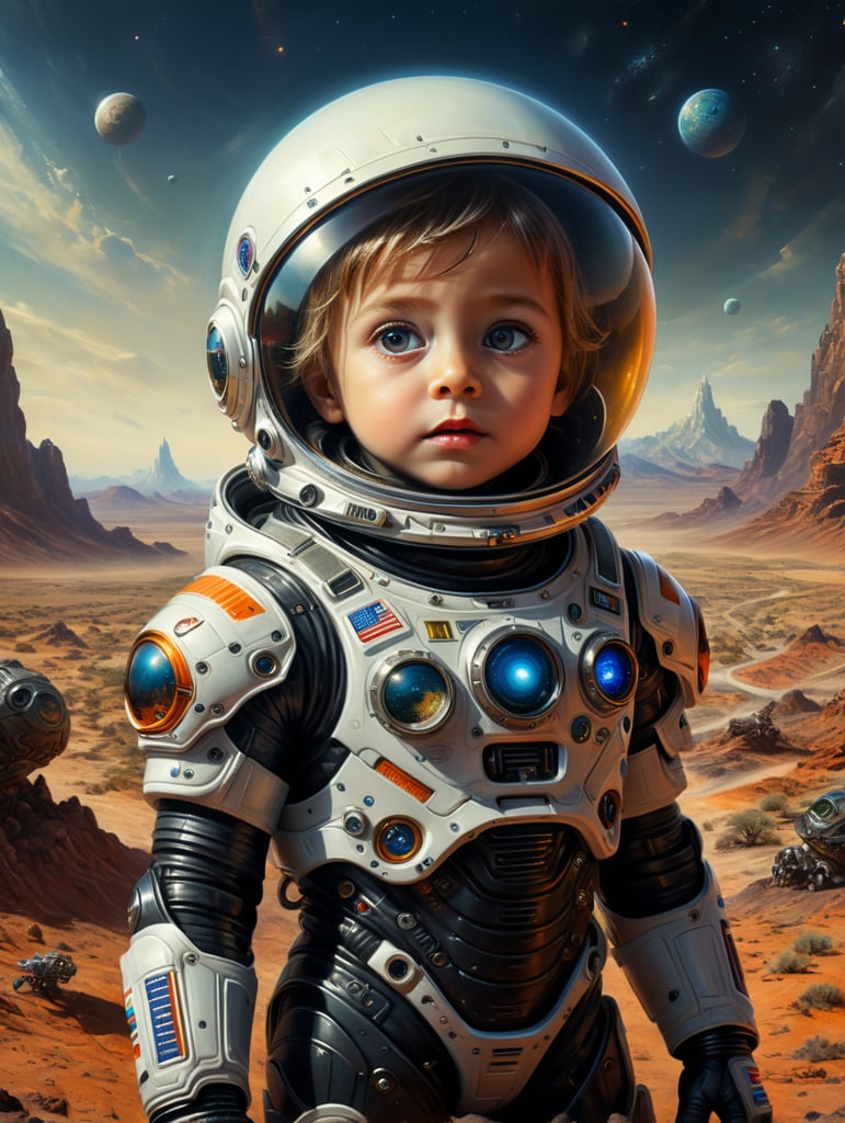 a child in a space suit with a surprised look on his face