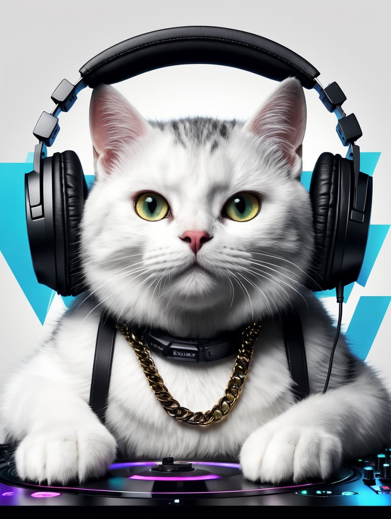 Black color cat DJ playing DJ set, wearing music headphones and gold chain, hall full of people having fun in the background, ultra realism, super detailed, neon colors