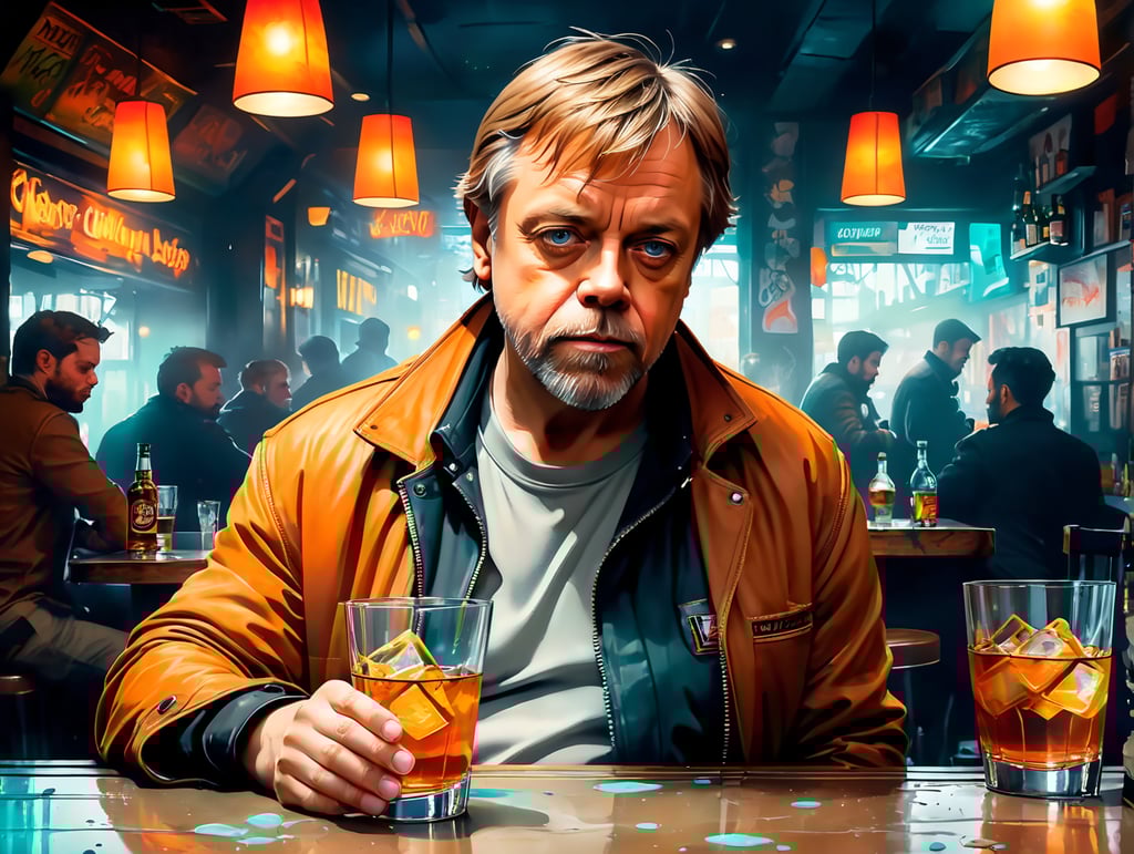 Mark Hamill down on his luck drinking scotch in a sleazy bar