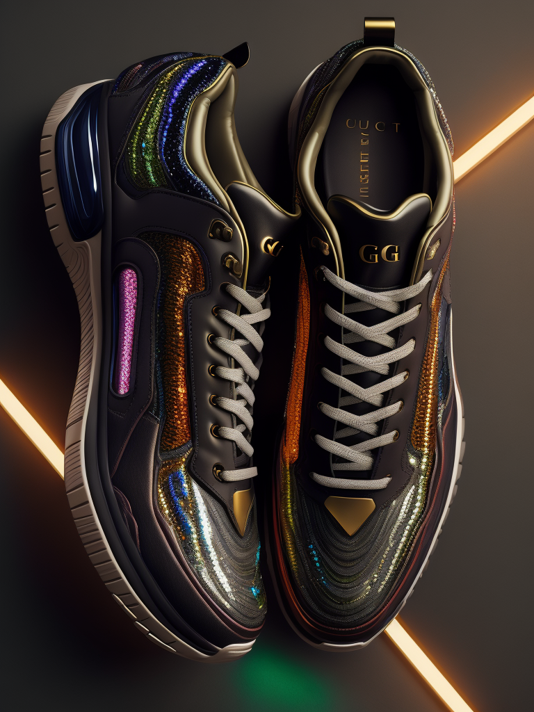 gemstone-embellished Gucci fashions with luminous lines and sequins. hyper realistic image of hi-tech sports puffy sneakers modern fashion, deep atmosphere, saturation, vibrance, sharp on details