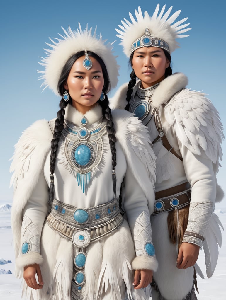 Generate a captivating full-body illustration of a stunning 18-year-old inuit woman dressed in exquisite stone age clothing, embellished with intricate feathers, vibrant beads, and delicate shells. she stands gracefully on the stark tundra steppe, radiating beauty and strength, while beside her, her younger brother, with a somber expression, evokes a poignant and melancholic atmosphere. bring this vision to life with the artistry of tom björklund.