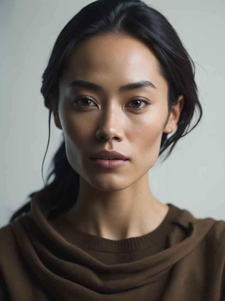 A portrait of a female Filipino creative professional in a studio with white background, midshot, stock photo style