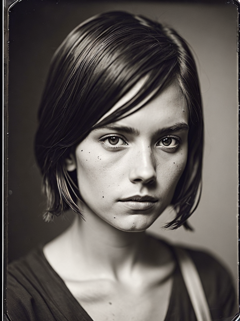 a wet plate photograph of a girl with dark bob haircut, neutral emotions on her face