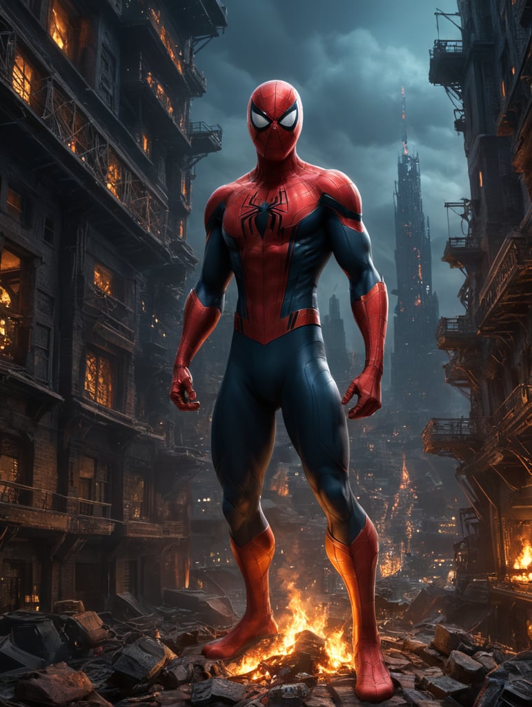 Spiderman variant, in the future, standing in a hightower, at night, crime, fire in everywhere