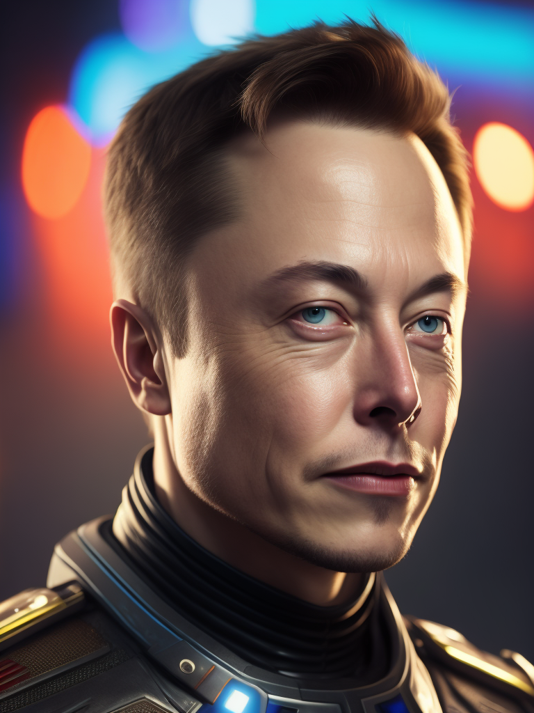 Elon musk as Irom man, bright saturated colors, Professional photo, Focus on the face, clear face details, Blurred Bokeh Background