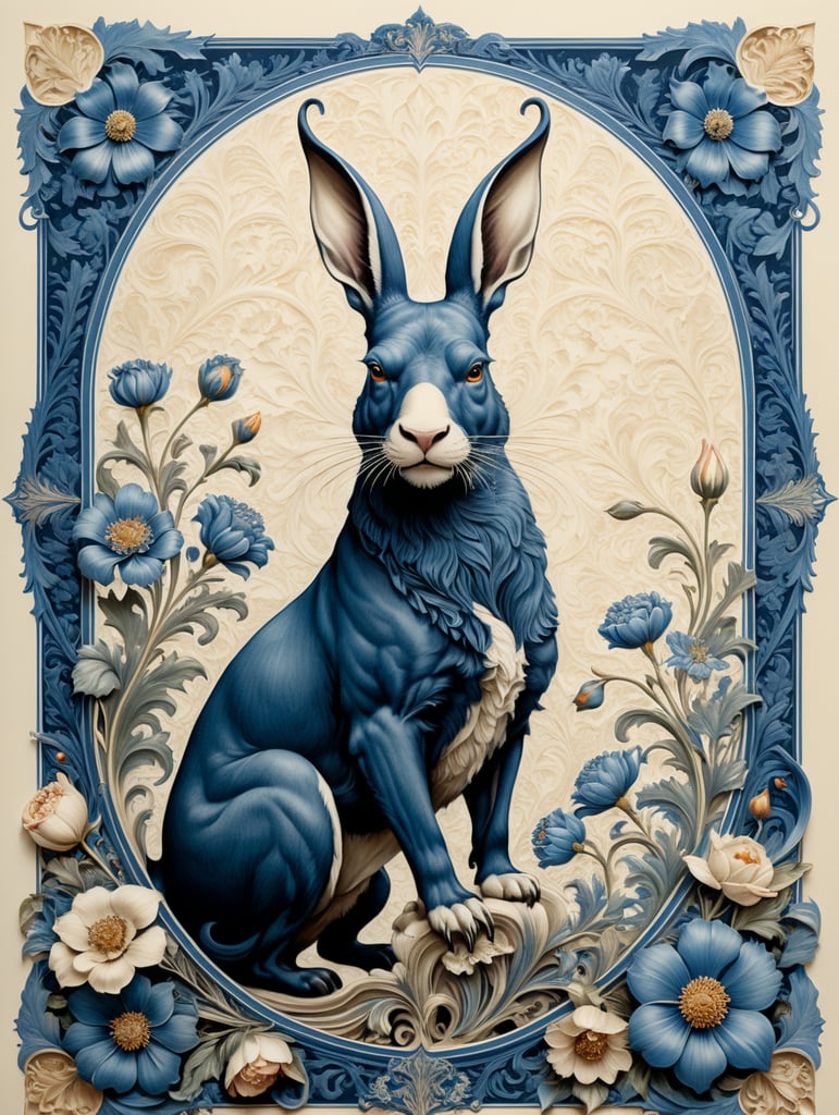 Two-tone blue ink on cream letterpress with Churchill and floral flamboyant frame design, blank space in center for text, in the style of William Morris