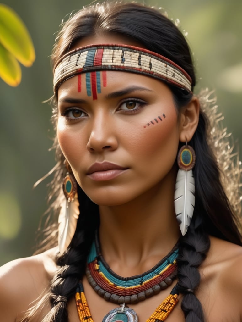 a realistic cinematic close-up of a beautiful Native American woman from the Amazon, indigenous woman, Indian queen South America, stunning Native American princess Amazon, Amazonian art, indigenous arts, dignified princess, beautiful woman from the Amazon Amazon, a beautiful proud female warrior leader, Indian iconography, beautiful art of colors! Native American woman, photo of a very beautiful Native woman.