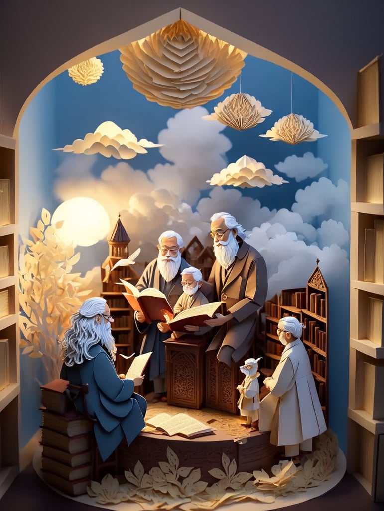 In a cozy library filled with warm light. A Fluffy white clouds hang in the air, symbolizing the cloud of ignorance being cleared away. This one frame scene captures the essence of "Clear the Clouds," a show dedicated to sharing flavored tales for the heart and mind, beginning with stories of inspiring Muslim heroes.