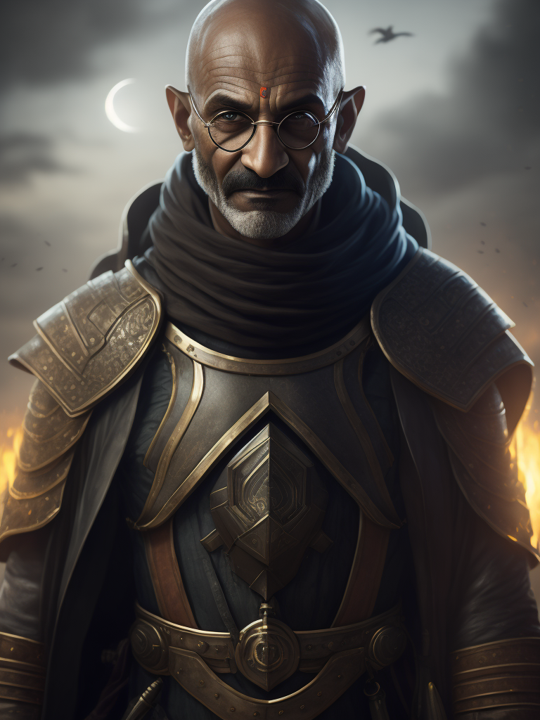 Gandhi as a futuristic medieval warrior ready for the combat