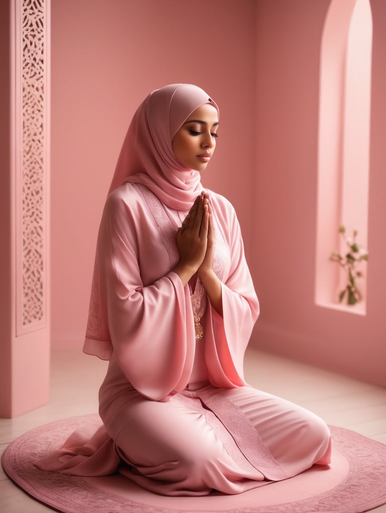 A Muslim lady in a room coloured with pink praying with her body covered