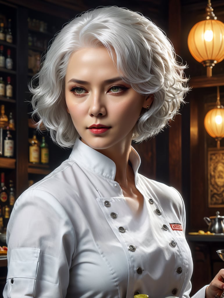 use chef white as a woman with short white hair from the new version of cluedo as if they were in a kpop band