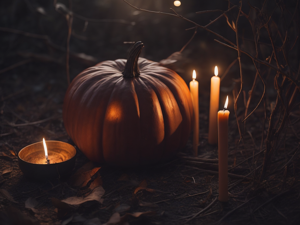 Night. Pumpkin. Dripping thin and long candles on forest ground, twigs. Many Shadows and dim scene. Red undertone.
