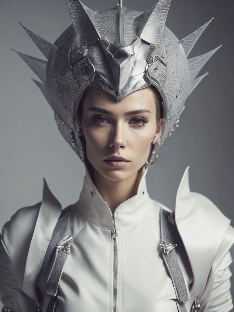 a woman in a futuristic costume with spikes on her head and a helmet on her head Avant-garde Fashion