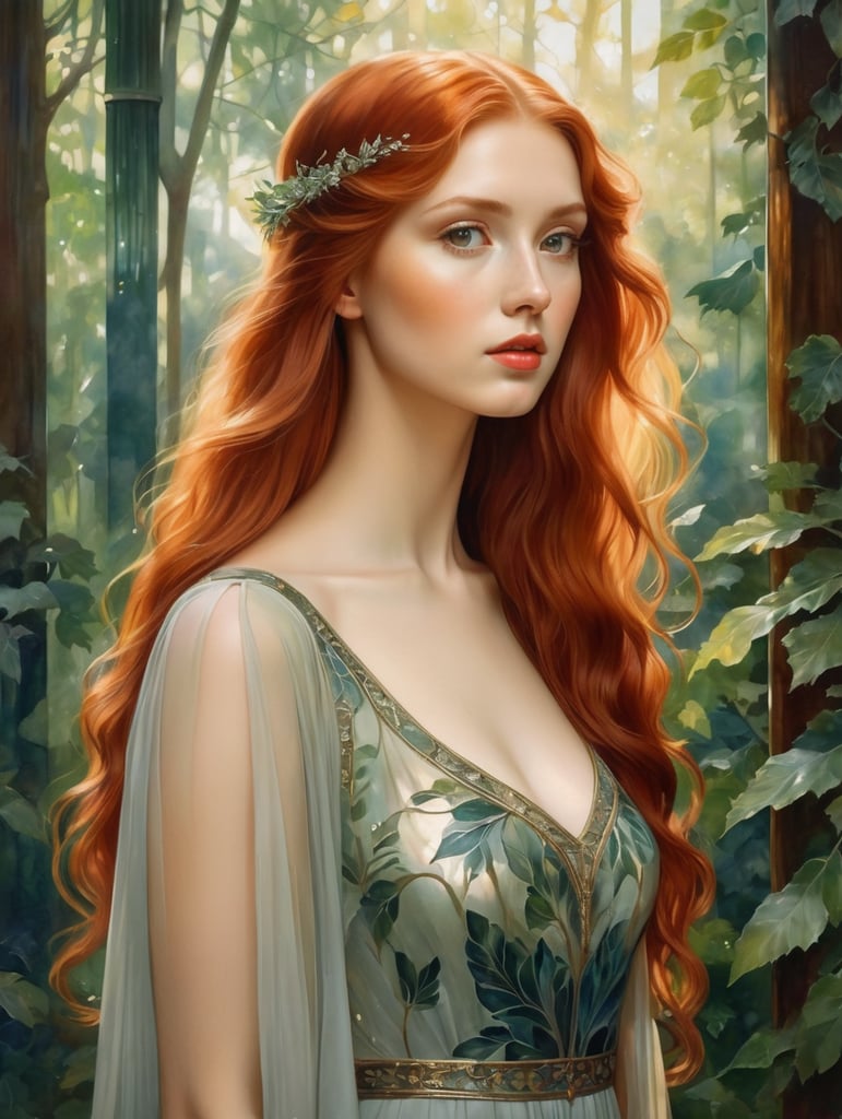 A red-haired young beautiful girl with long hair and a light dress against the backdrop of a dense forest, painting, oil, water color, Gouache, Stained Glass, style of Edward Burne-Jones