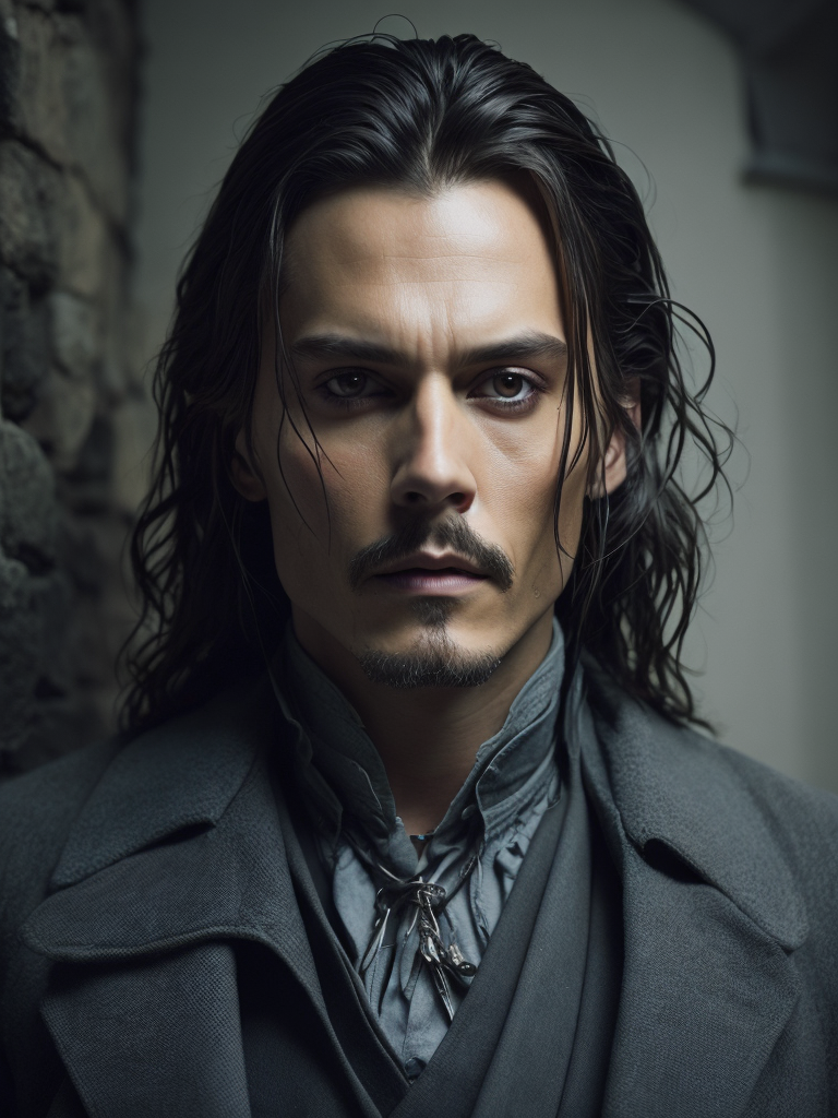 Portrait of Johnny Depp as Count Dracula, majestic look, long hair, mantle, against the backdrop of a medieval castle, detailed background, contrasting light, detailed face, muted tones