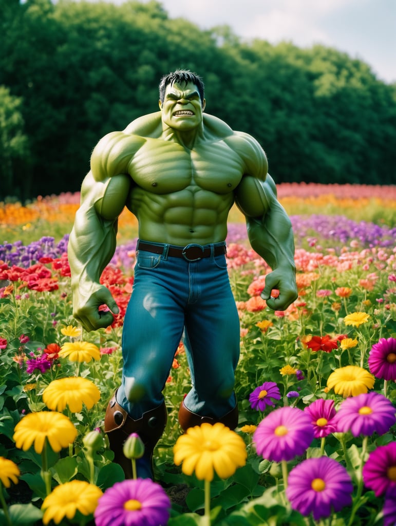 Happy hulk standing in a beautiful field of flowers, colorful flowers everywhere, perfect lighting, leica summicron 35mm f2.0, kodak portra 400, film grain