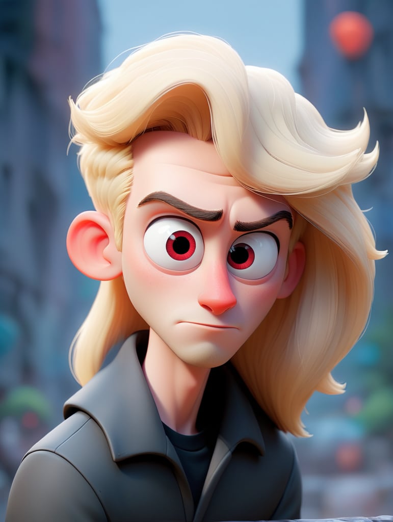 Young pale man, red eye, very long blonde straight hair