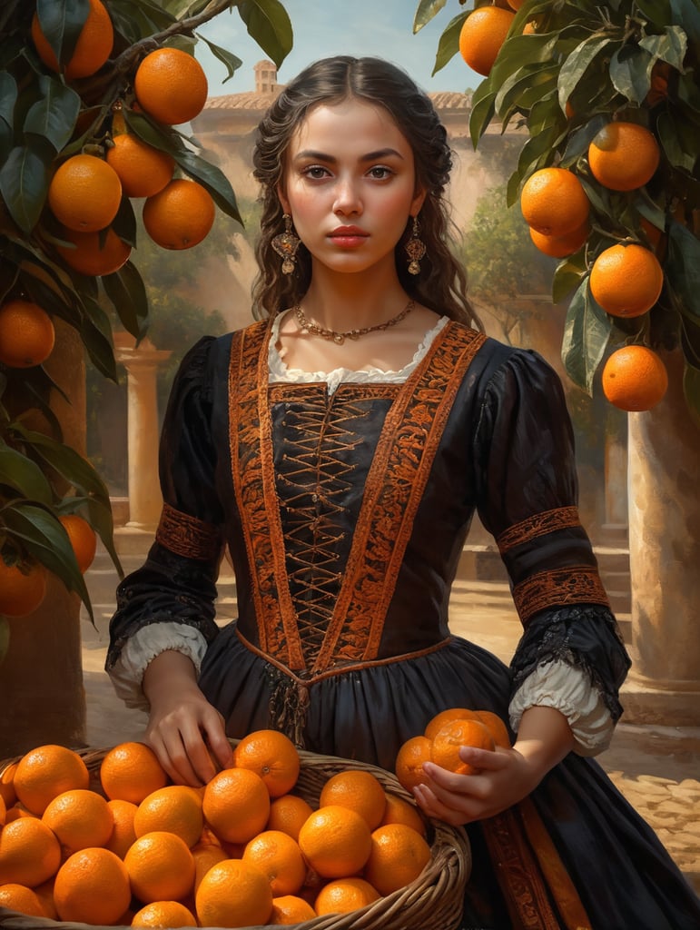 Portrait of a young, dark and beautiful Italian girl growing oranges from Sicily in 17th century Italian folk peasant clothing, dramatic lighting, depth of field, orange trees in the background. Oranges should have a beautiful, even structure. Incredibly high detail holding fresh oranges in hand
