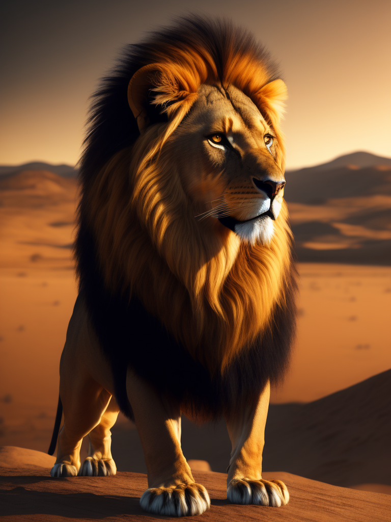 8k, desert background a lion with a black mane elegant lumen render octane render style lumen reflection illustration ultra hyper detailed magical photo realistic HD professional color 2. 8 22 megapixels photoshoot