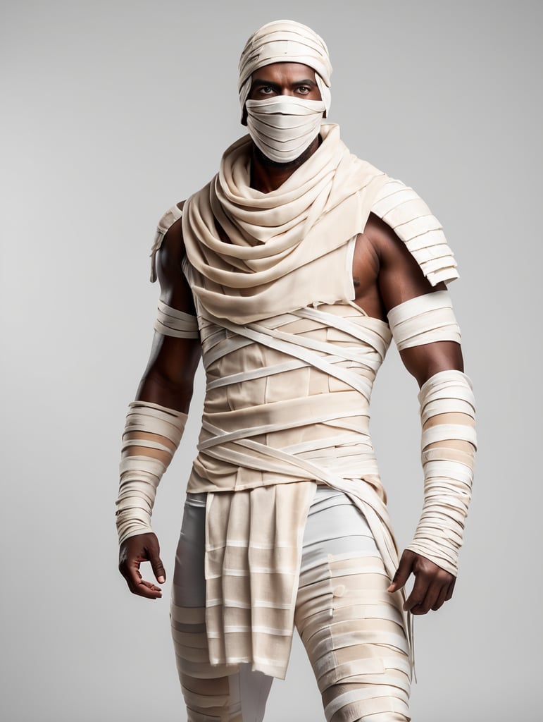A photograph of mummy costume covered in bandages for a male character with fortnite style, halloween costume, white background, full body