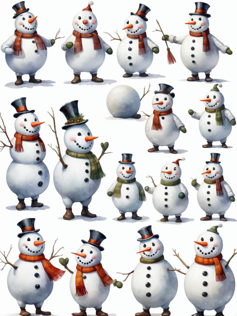 Snowman, different angles and expressions, full body only character sheets, multiple poses, white background, whimsical watercolor