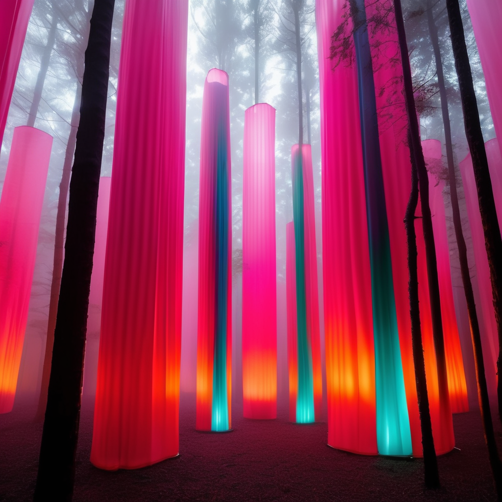 Esculturas de colores vibrantes muy altas hechas de látex y con luz inspiradas en la obra arquitectónica de Luis Barragán cubiertas con tela semitransparente en medio de un bosque muy obscuro