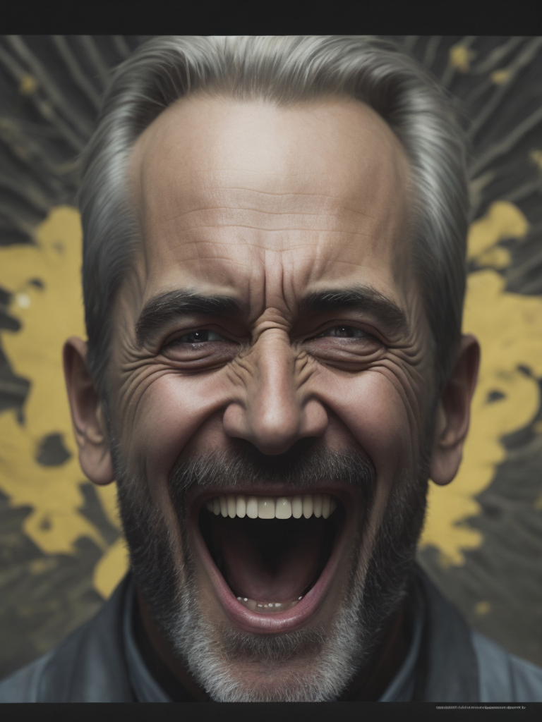 a painting depicting the head of a man with teeth, in the style of artist alex gross, dynamic colors, clear focus, surrealism, psychedelic overload, steve sack, highly detailed figures, nightmare, exuberant