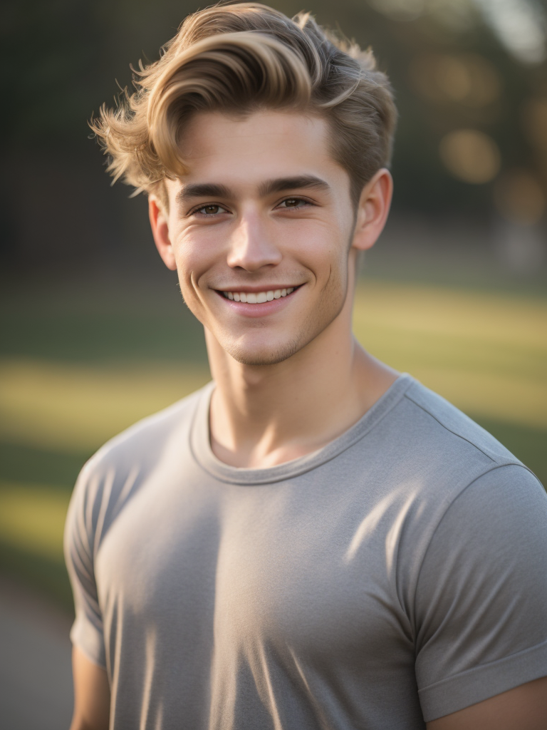 Young man Approximately 20 years old Dirty blonde hair Short wavy hair Brown eyes Boy-next-door look Handsome Lean but not muscular Smiling Charming