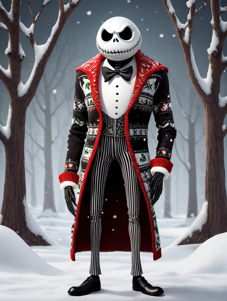 Jack Skellington standing wearing an ugly Christmas sweater