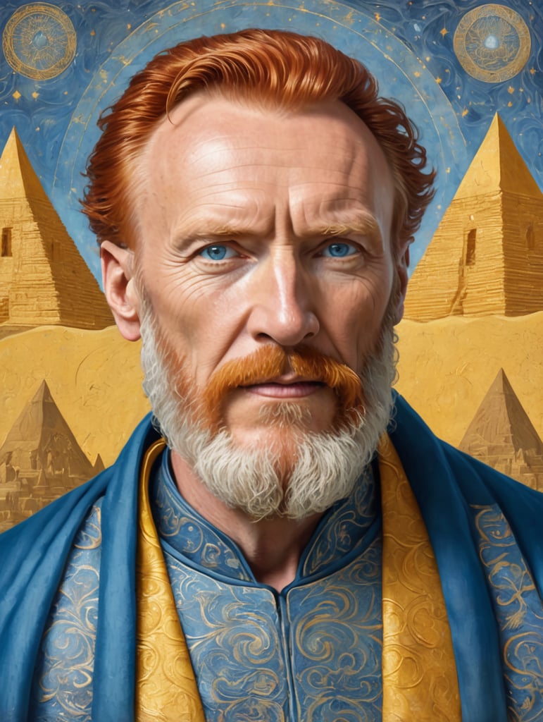 Good looking middle-aged wizard with only one ear, expressive red hair, reminiscent of Vincent Van Gogh. He wears a flowing blue robe adorned with intricate silver patterns that shimmer faintly. His yellow eyes are bright and intense, reflecting wisdom and eccentricity. The background might be a summerian blue pyramid.