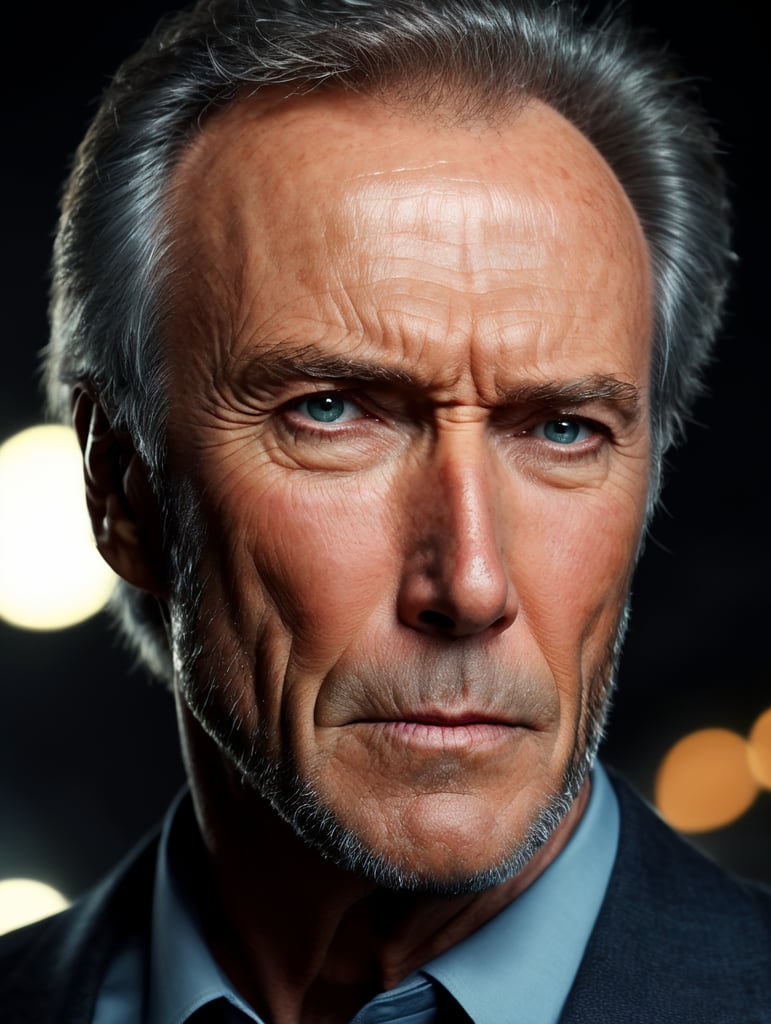 Portrait of Clint Eastwood, bright and saturated colors, elegant, highly detailed, vogue, fashion magazine, sharp focus, Bright expressive makeup, Dramatic Lighting, Depth of field, Incredibly high detailed, blurred background