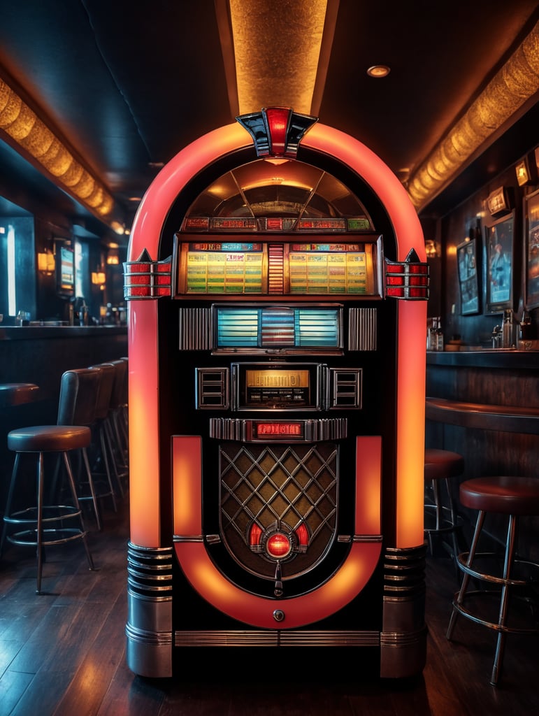 Retro jukebox in a bar, sharp focus, highly detailed,