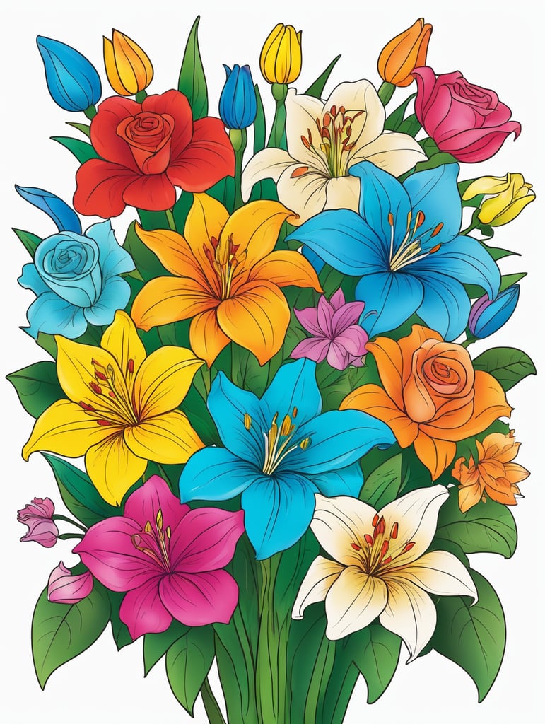 create a vivid colorful a4 size cover page for coloring book on flowers. white background many colorful flowers make the cover bright and vivid where the flowers are overlapping each other, include roses lily's and other flowers on the cover page make the colours bright in two tone and let the colours pop