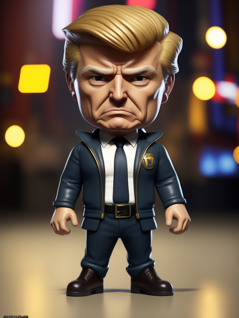 Donald Trump as jake peralta from the tv show brooklyn nine-nine, bobble, head, funko pop art, hyper detailed, professional lighting, film lighting, 35mm, 50mm, ray tracing, unreal engine 5, zbrush