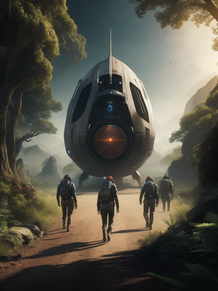 Sci-fi FPS game cover, a small spaceship in the foreground, a group of spacemen walking away, impressive vegetation, fantasy creatures in the background, fantasy vegetation, Unreal Engine 5, developed by dice, cinematic colour, Ultra-details, 4k
