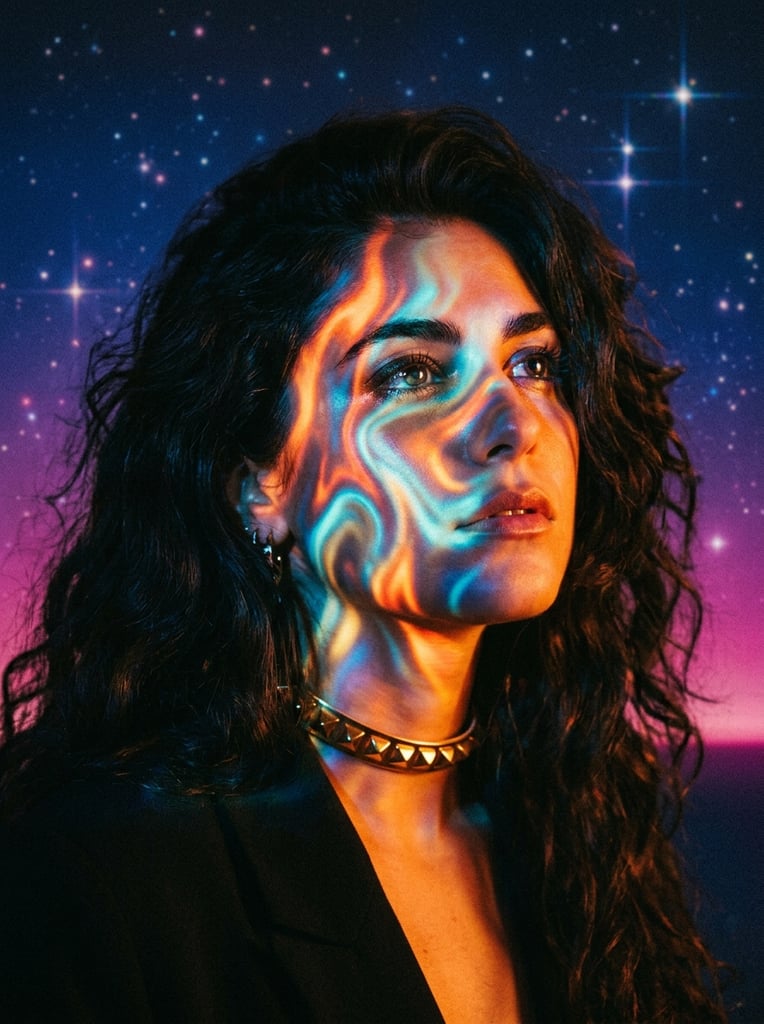close-up portrait of a figure looking slightly upward, face enveloped in swirling iridescent liquid light patterns, vivid thermographic streaks of fiery orange, glowing cyan, and deep red, heavy shadows contrasting with luminous skin, thick dark wavy hair framing the face, gold studded choker necklace reflecting warm light, background gradient transitioning from a deep blue starry space to a vibrant magenta horizon, scattered sparkling stars with cross-flares, heavy vintage film grain texture, retro-futuristic surrealism, dramatic high-contrast lighting