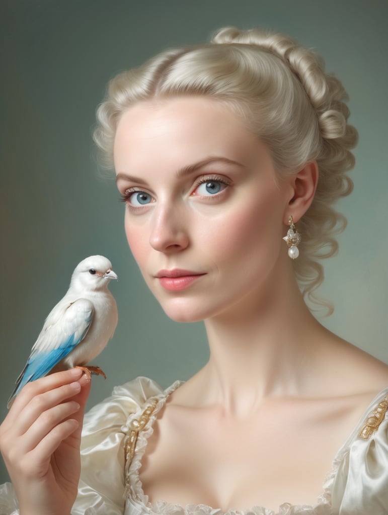 oil portrait painting of Marie-Emilie holding up a small bird Baudouin from François Boucher in the Rococo style, soft pastel colours and lots of fine details