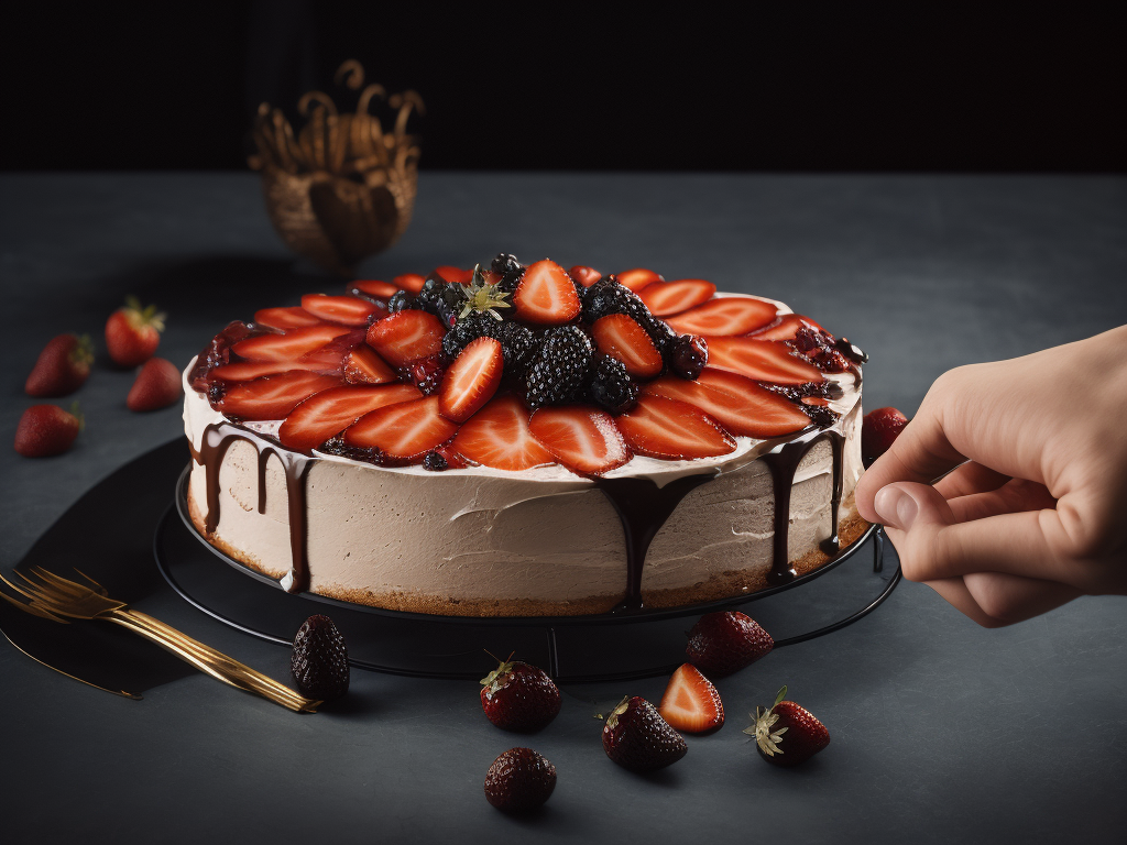 a strawberry and blackberry cake, deep atmosphere, sharp on details