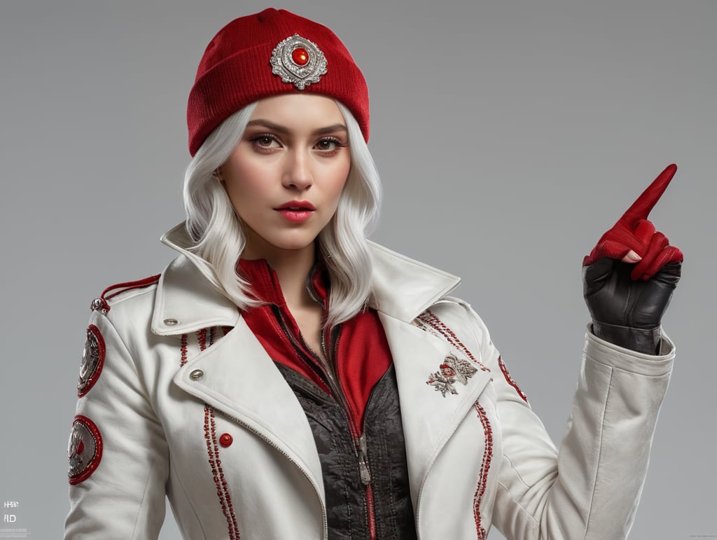a young women with white hair and red hat on his head is wearing a white jacket pointing with her index finger , isolated, white background