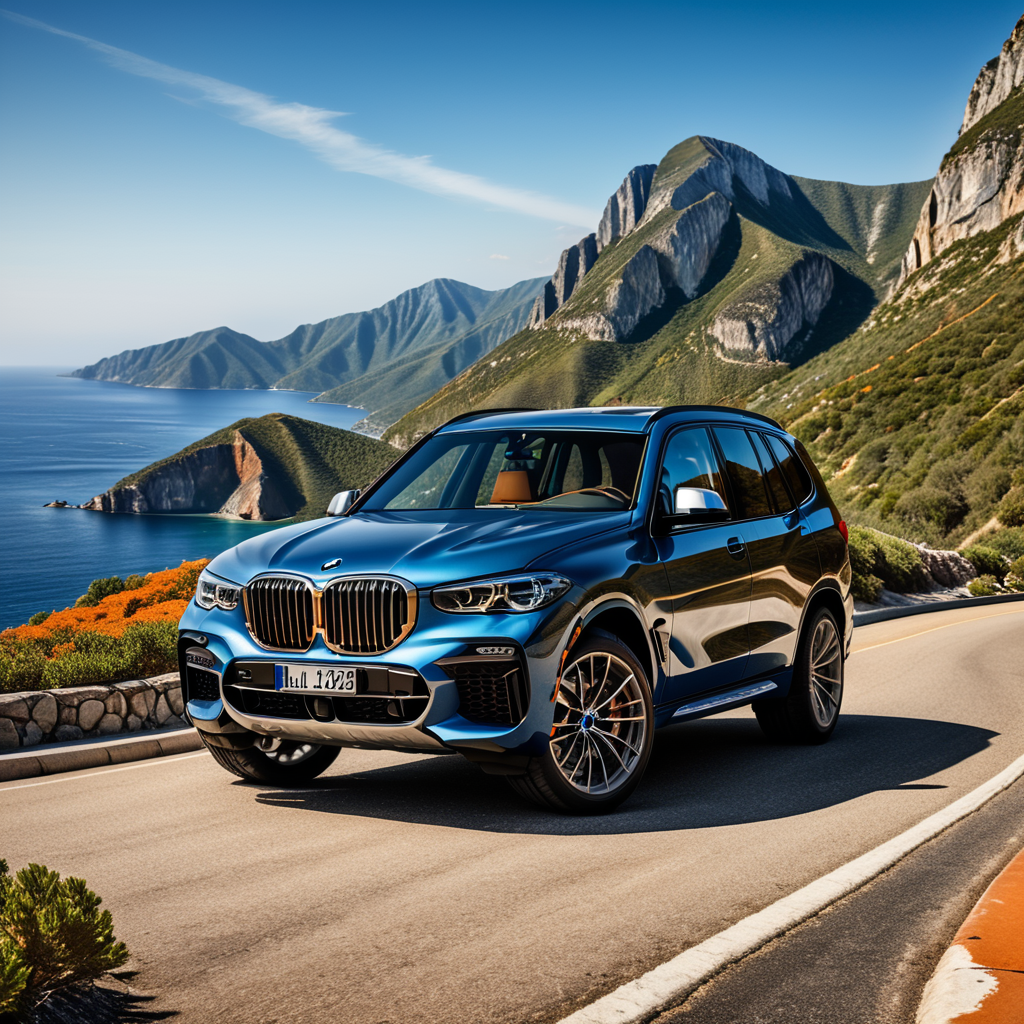 A beautiful BMW SUV standing on the mountain road, blue sea in the background of car, highly detailed car, highly detailed matt finish colour, highly detailed Alloy Wheels, Orange road, ultra realistic, photorealistic, 32k.