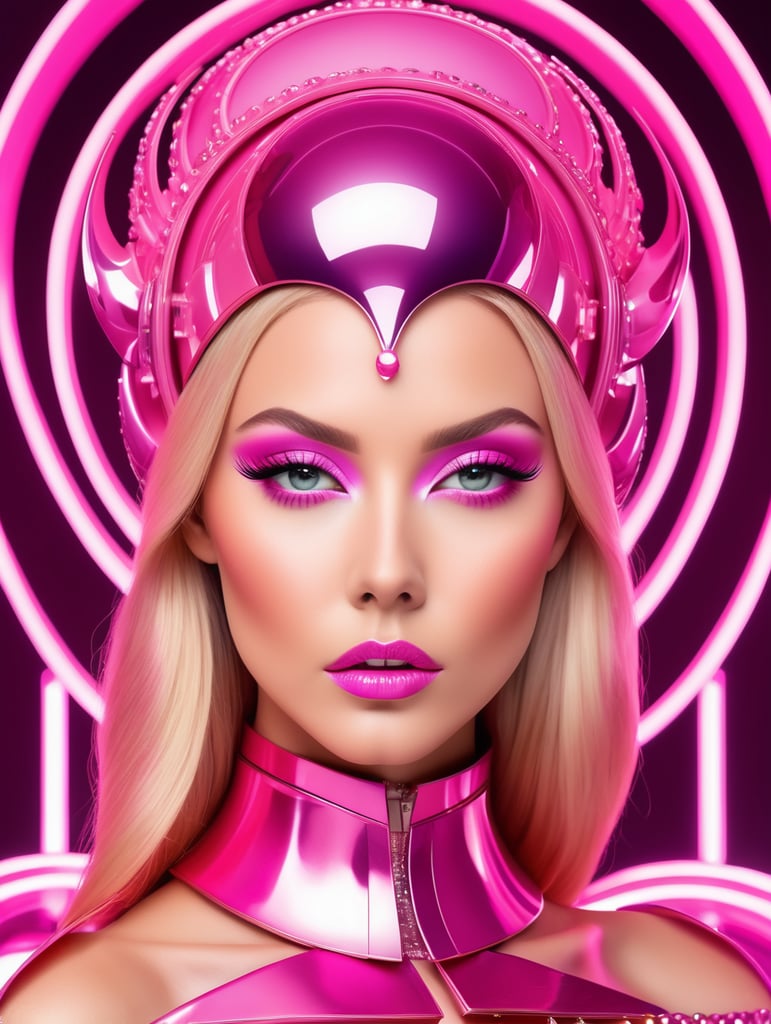 A beautiful blonde female pop artist all pink sleek futuristic outfit, with huge headpiece center piece, clean makeup, with depth of field, fantastical edgy and regal themed outfit, captured in vivid colors, embodying the essence of fantasy, minimalist