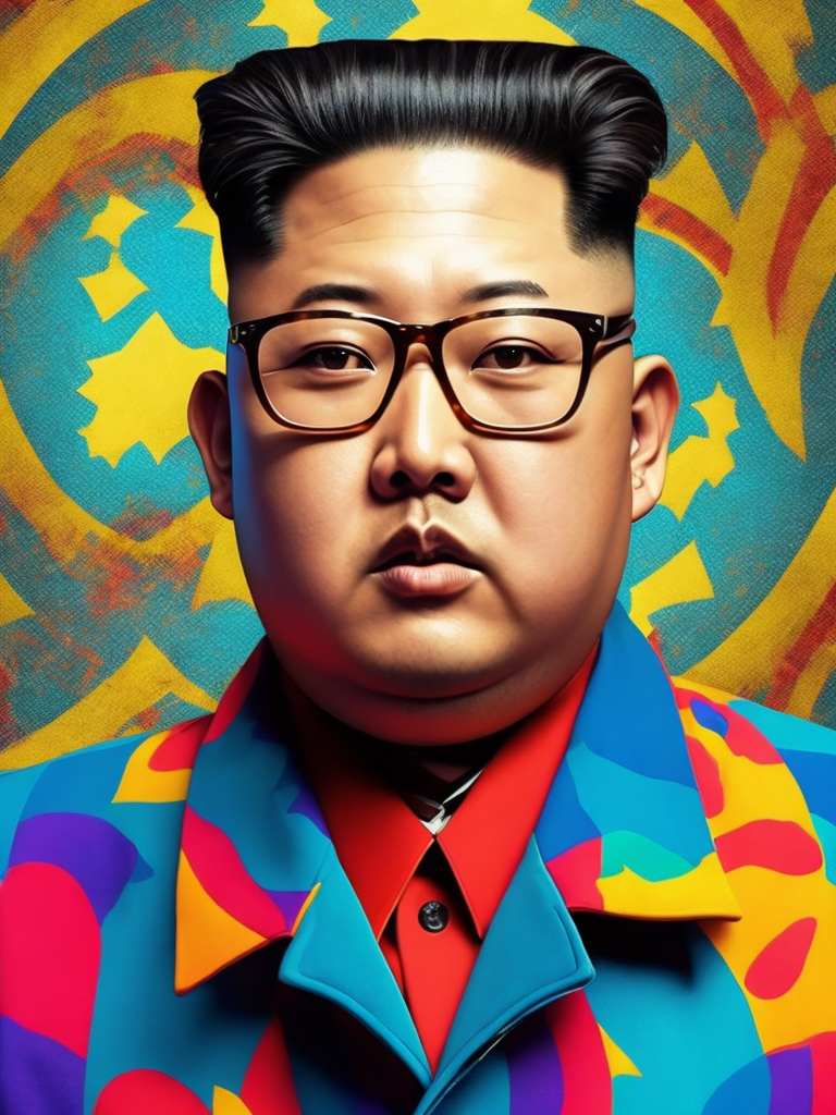 Kim Jong Un wearing a brightly patterned jacket and wayfarer glasses, Vivid saturated colors, Contrast color