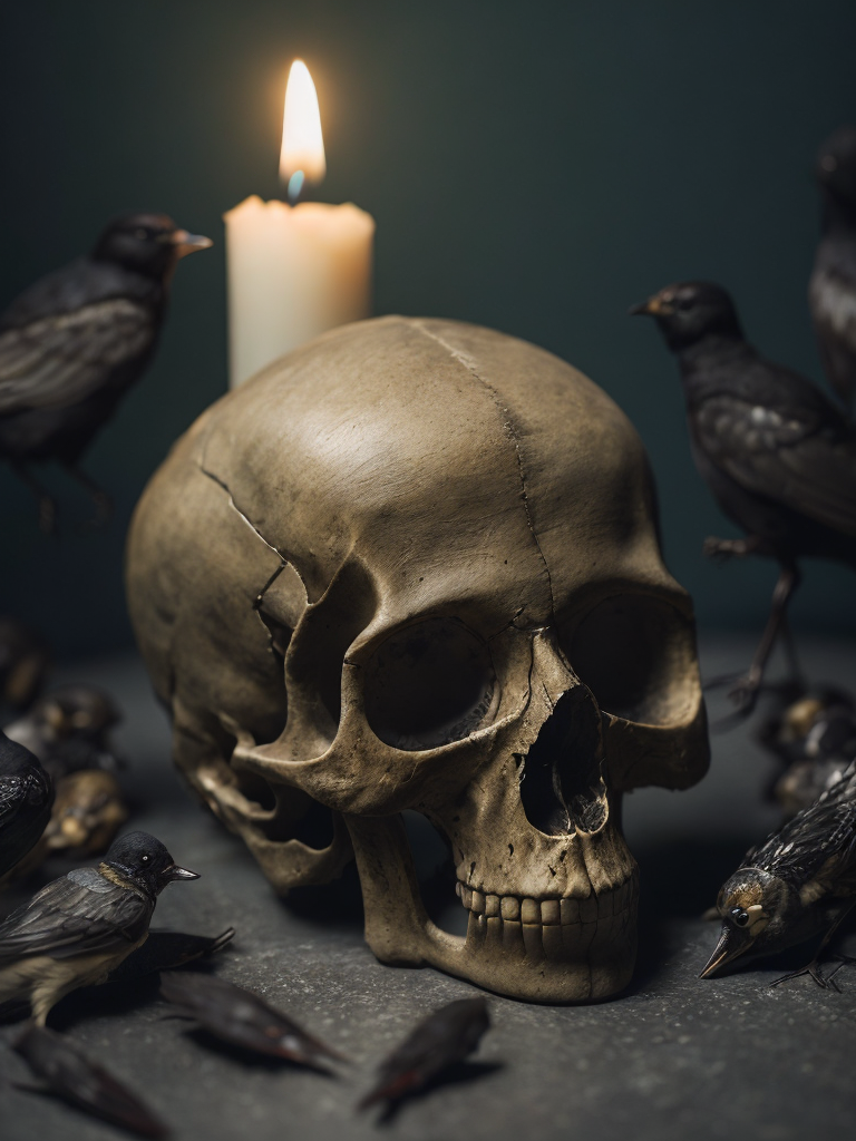 human skull dark candle light surrounded by dead black birds and insects, dark green background scattered dead flowers, shallow depth of field focus