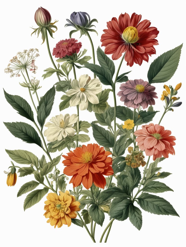different types of psychedelic flowers, botanical illustration, white background, style of Pierre-Joseph Redoute