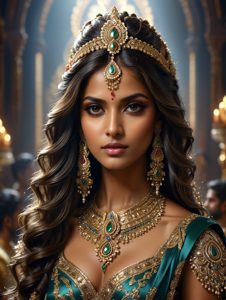 portrait of a realistic beautiful Indian girl with an unusual long hairstyle and beautiful clothes from fashion designer Zuhair Murad 8k