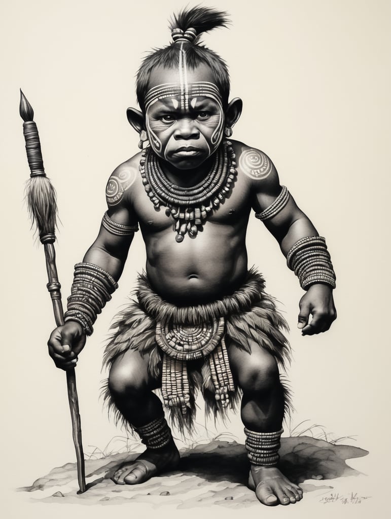 black pen and ink, a full-body portrait of a tribal Pygmy