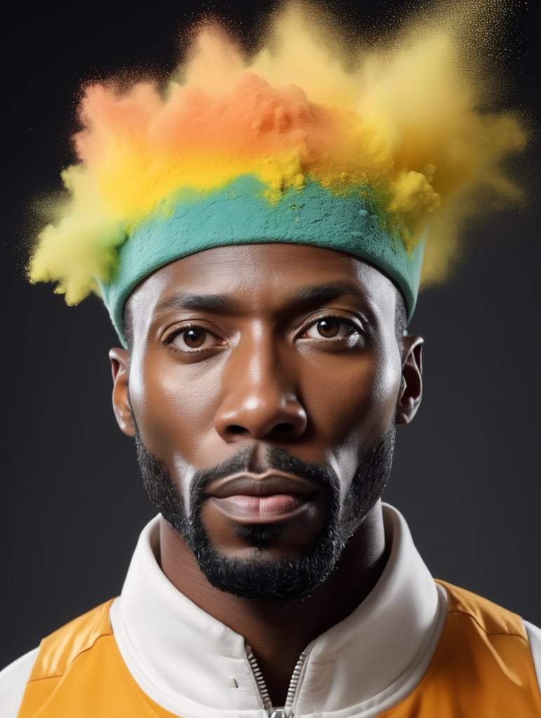 a black man, colourful powder, black background, Wes Anderson style