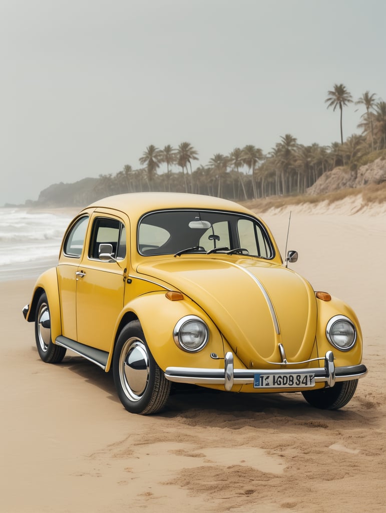 A yellow 1303 VW beetle driving on a beach by the sea