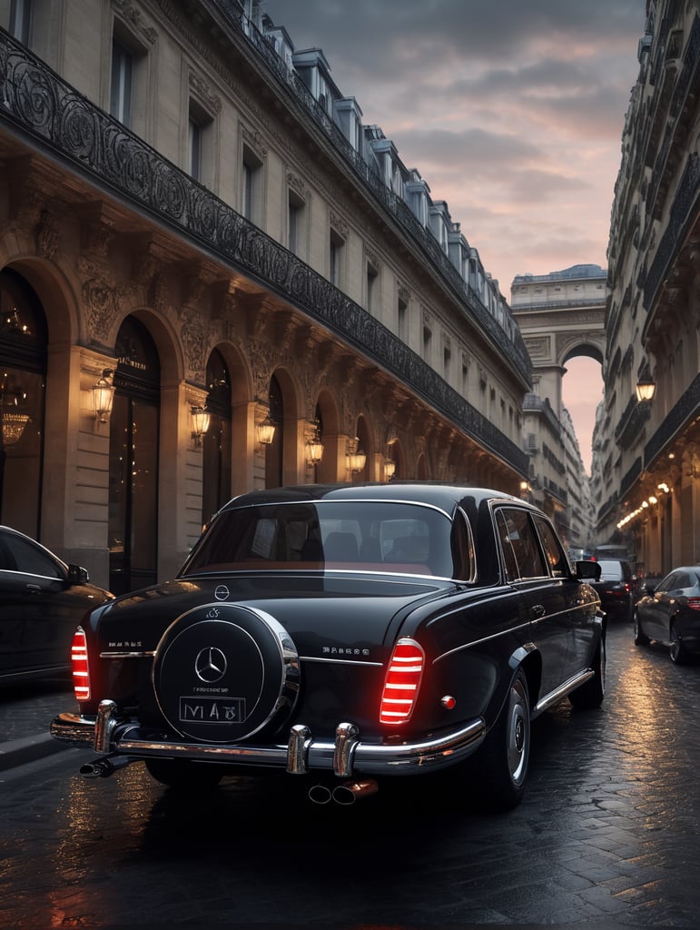 high quality cinematic Mercedes-Benz Maybach decorated with diamond stones in the city of Paris