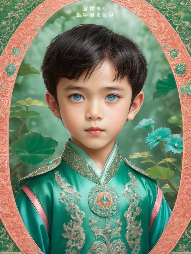 a boy with blue eyes is the cover to a book of 'beautiful princess series of china', in the style of light green and light emerald, 32k uhd, childlike innocence, xiaofei yue, dark orange and dark green, intricate costumes, light teal and dark pink --ar 3:4 --s 750 --v 6.0